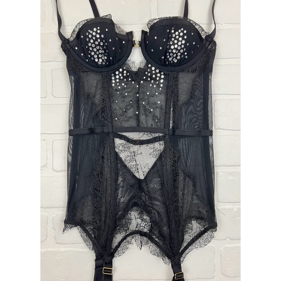 Victorias Secret Black Lacy Rhinestone Embellished Bustier Lingerie Size 34A - Picture 2 of 6